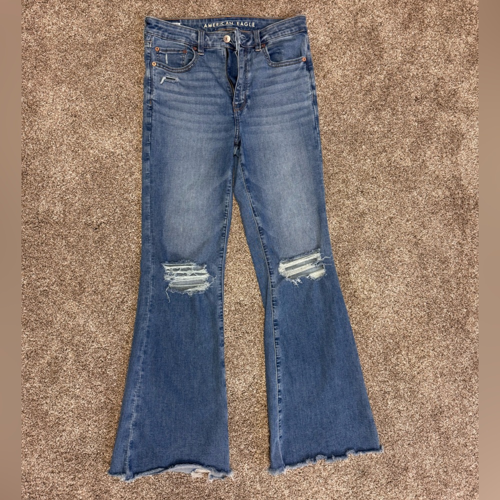 American Eagle Outfitters Medium Blue Distressed Flare Jeans